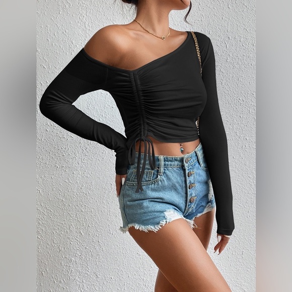 Asymmetrical Long Sleeve Side Tie Blouse - Picture 4 of 4